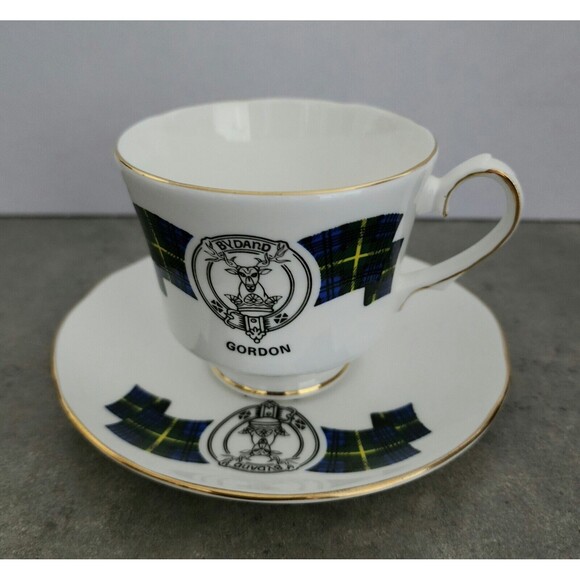 Duchess Bone China Cup & Saucer Scottish Tartan Gordon Clan England Blue Green - Picture 2 of 9